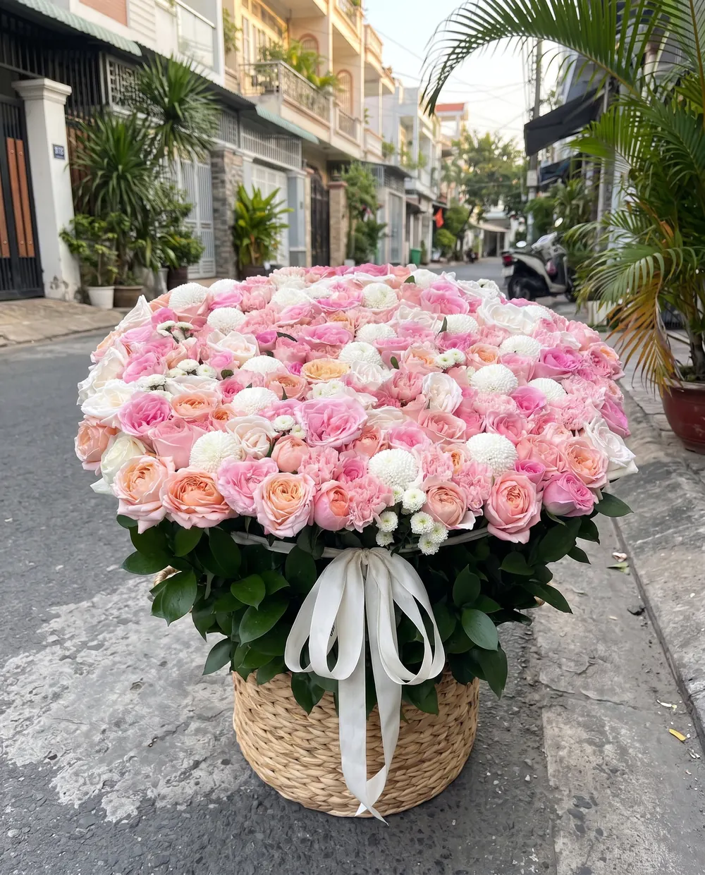 Большая корзина с розами и хризантемами — доставка цветов в Нячанге